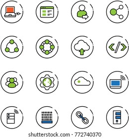 line vector icon set - netabook connect vector, website, user login, share, social, friends, upload cloud, tag code, group, gear globe, notebook wi fi, server wireless, binary, link