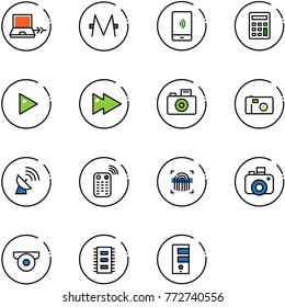 line vector icon set - netabook connect vector, monero, mobile payment, calculator, play, fast forward, camera, photo, satellite antenna, remote control, fingerprint scanner, surveillance, chip
