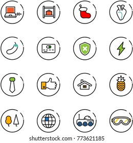 line vector icon set - netabook connect vector, baggage room, christmas sock, heart, eggplant, credit card, shield cross, lightning, tie, finger up, home, pineapple, forest, globe, moon rover