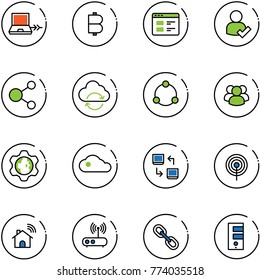 line vector icon set - netabook connect vector, bitcoin, website, user check, share, refresh cloud, community, group, gear globe, data exchange, antenna, wireless home, wi fi router, link, server