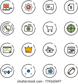 line vector icon set - netabook connect vector, sun, safe, account statement, phone horn, camera, cart, target, schedule, crown, home, terms plan, cloud exchange data, record button, football