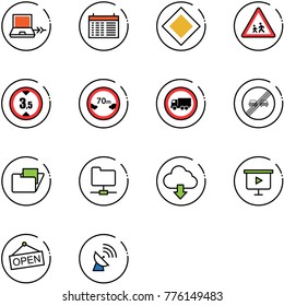 line vector icon set - netabook connect vector, schedule, main road sign, children, limited height, distance, no truck, end overtake limit, folder, network, download cloud, presentation board, open