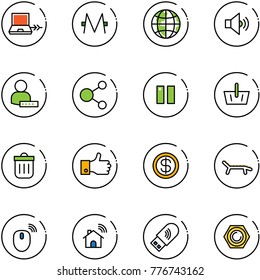 line vector icon set - netabook connect vector, monero, globe, volume medium, user password, share, pause, basket, trash bin, finger up, dollar, lounger, mouse wireless, home, usb wi fi, nut