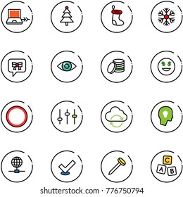 line vector icon set - netabook connect vector, christmas tree, sock, snowflake, bow message, eye, coin, dollar smile, prohibition road sign, settings, refresh cloud, head bulb, globe, check, nail