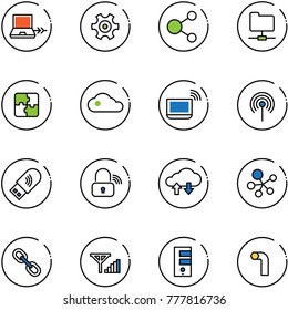 line vector icon set - netabook connect vector, gear, share, network folder, puzzle, cloud, notebook wi fi, antenna, usb, wireless lock, exchange data, molecule, link, fine signal, server, allen key