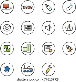 line vector icon set - netabook connect vector, garland, medical label, eggplant, dollar exchange, finance calendar, low volume, basket, puzzle, building, certificate, shell, globe, moon rover