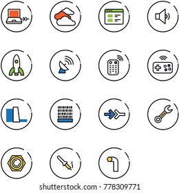 line vector icon set - netabook connect vector, clouds, website, low volume, rocket, satellite antenna, remote control, joystick wireless, water power plant, binary code, wrench, nut, soldering iron