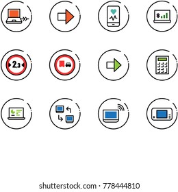 line vector icon set - netabook connect vector, right arrow, mobile heart monitor, account statistics, limited width road sign, no truck overtake, calculator, data exchange, notebook wi fi