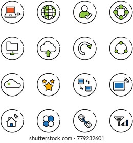 line vector icon set - netabook connect vector, globe, user check, friends, network folder, upload cloud, redo, community, stars, data exchange, notebook wi fi, wireless home, atom core, link