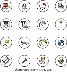line vector icon set - netabook connect vector, christmas tree, snowfall, coin, atm, account history, opened mail, tie, flag, lounger, ball, atom core, bucksaw, screw, abc cube, bear toy