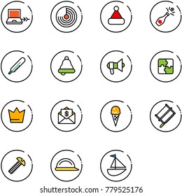 line vector icon set - netabook connect vector, radar, christmas hat, champagne, thermometer, bell, megaphone, puzzle, crown, mail dollar, ice cream, bucksaw, screw, construction helmet