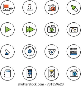 line vector icon set - netabook connect vector, stamp, camera, cursor, play, fast forward, photo, satellite antenna, cd, surveillance, binary code, micro flash card, server, multimeter