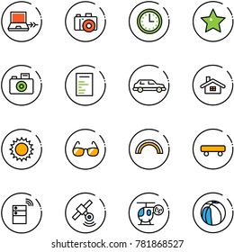 line vector icon set - netabook connect vector, camera, time, star, document, limousine, home, sun, sunglasses, rainbow, skateboard, server wireless, satellite, helicopter toy, basketball