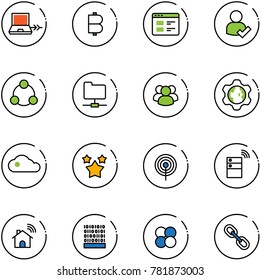 line vector icon set - netabook connect vector, bitcoin, website, user check, social, network folder, group, gear globe, cloud, stars, antenna, server wireless, home, binary code, atom core, link