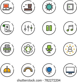 line vector icon set - netabook connect vector, airport building, sun, safe, account history, settings, pause, music, printer, gear globe, office chair, star man, crown, rainbow, monitor