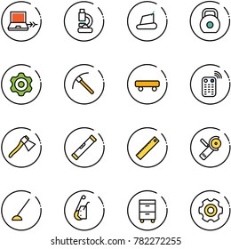 line vector icon set - netabook connect vector, lab, treadmill, weight, gear, rock axe, skateboard, remote control, level, ruler, Angular grinder, hoe, winch, tool cabinet