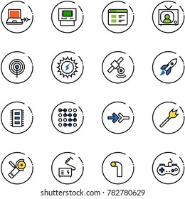 line vector icon set - netabook connect vector, atm, website, tv news, antenna, sun power, satellite, rocket, chip, circuit, wood drill, Angular grinder, welding, allen key, gamepad