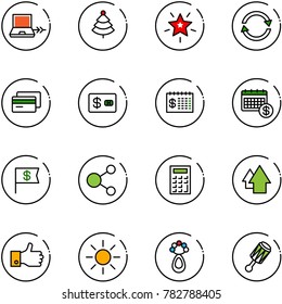 line vector icon set - netabook connect vector, christmas tree, star, exchange, credit card, finance calendar, dollar flag, share, calculator, arrow up, finger, sun, beanbag