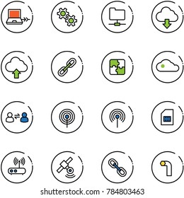 line vector icon set - netabook connect vector, gear, network folder, download cloud, upload, link, puzzle, information exchange, antenna, sim, wi fi router, satellite, allen key