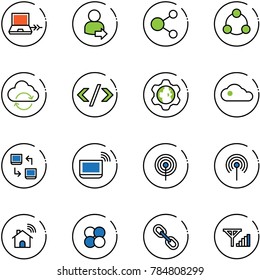 line vector icon set - netabook connect vector, user login, share, social, refresh cloud, tag code, gear globe, data exchange, notebook wi fi, antenna, wireless home, atom core, link, fine signal