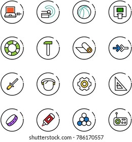 line vector icon set - netabook connect vector, mri, basketball ball, atm, lifebuoy, work, mat, clinch, protect glass, gear, corner ruler, tambourine, marker, billiards balls, radio