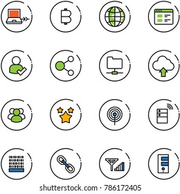 line vector icon set - netabook connect vector, bitcoin, globe, website, user check, share, network folder, upload cloud, group, stars, antenna, server wireless, binary code, link, fine signal