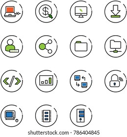 line vector icon set - netabook connect vector, money click, monitor cursor, download, user password, share, folder, network, tag code, statistics, data exchange, wireless lock, monoblock pc, chip