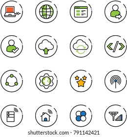 line vector icon set - netabook connect vector, globe, website, user login, check, upload cloud, refresh, tag code, community, gear, stars, antenna, server wireless, home, atom core, fine signal
