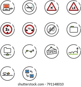 line vector icon set - netabook connect vector, no smoking sign, airport road, children, limited height, distance, end speed limit, folder, network, chart point arrow, open, growth, swimming