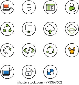 line vector icon set - netabook connect vector, bitcoin, website, user login, social, network folder, upload cloud, refresh, redo, tag code, community, stars, notebook wi fi, wireless lock
