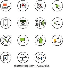 line vector icon set - netabook connect vector, star letter, bow message, cursor, phone, browser globe, group, loudspeaker, horn, dialog, arrow up, finger, identity card, wireless lock