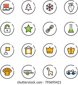 line vector icon set - netabook connect vector, christmas tree, snowflake, heart, unlocked, star, link, flask, flag, pennant, crown, butterfly, shell, trailer, toy giraffe, car