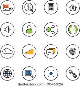 line vector icon set - netabook connect vector, money click, calculator, home, low volume, user, share, globe, cloud, stairs, dialog, antenna, monoblock pc, record button, link