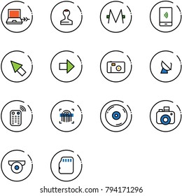 line vector icon set - netbook connect vector, stamp, monero, mobile payment, cursor, right arrow, photo, satellite antenna, remote control, fingerprint scanner, cd, camera, surveillance