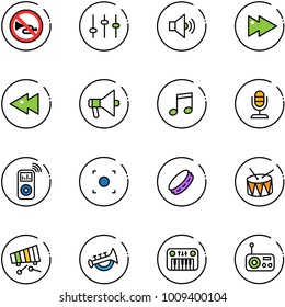 line vector icon set - no horn vector road sign, settings, volume medium, fast forward, backward, loudspeaker, music, microphone, player, record button, tambourine, drum, xylophone, toy, piano