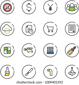 line vector icon set - no computer sign vector, dollar, yen, group, refresh cloud, history, cart, agreement, puzzle, helicopter, binary code, pliers, brush, rasp, allen key, wirligig toy