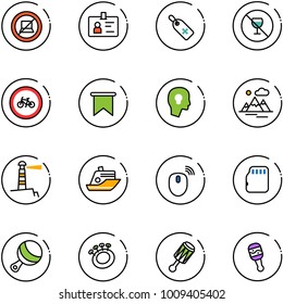 line vector icon set - no computer sign vector, identity, medical label, alcohol, bike road, flag, head bulb, mountains, lighthouse, cruiser, mouse wireless, micro flash card, beanbag
