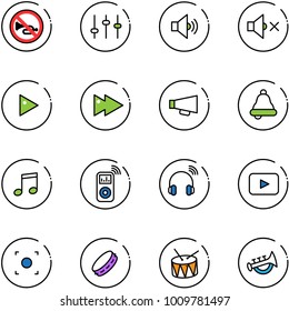 line vector icon set - no horn vector road sign, settings, volume medium, off, play, fast forward, loudspeaker, bell, music, player, wireless headphones, playback, record button, tambourine, drum