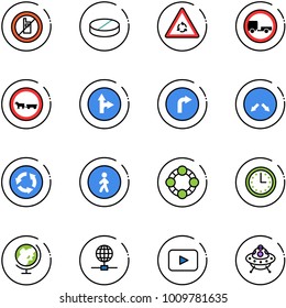 line vector icon set - no mobile sign vector, pill, round motion road, trailer, cart horse, only forward right, detour, circle, pedestrian way, friends, time, globe, playback, ufo toy