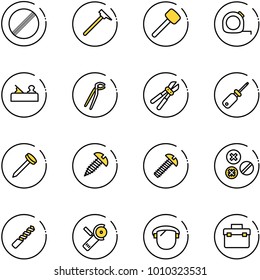 line vector icon set - no limit vector road sign, mason hammer, rubber, measuring tape, jointer, plumber, bolt cutter, screwdriver, nail, screw, rivet, drill, Angular grinder, protect glass