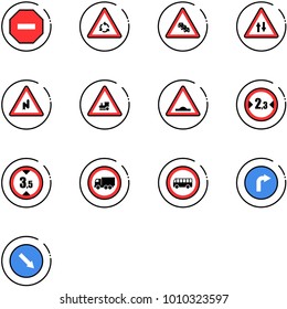 line vector icon set - no way vector road sign, round motion, multi lane traffic, oncoming, abrupt turn right, railway intersection, artificial unevenness, limited width, height, truck, bus