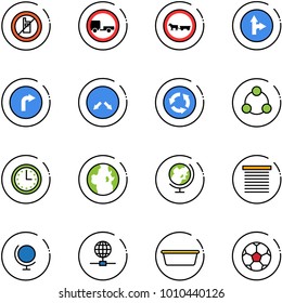 line vector icon set - no mobile sign vector, trailer road, cart horse, only forward right, detour, circle, social, time, globe, jalousie, basin, soccer ball