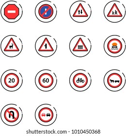 line vector icon set - no way vector road sign, parkin odd, oncoming traffic, children, wild animals, intersection, railway, dangerous cargo, speed limit 20, 60, bike, cart horse, turn back