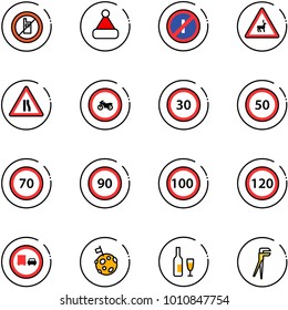 line vector icon set - no mobile sign vector, christmas hat, parkin odd, wild animals road, narrows, moto, speed limit 30, 50, 70, 90, 100, 120, truck overtake, moon flag, wine, plumber