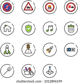 line vector icon set - no parkin odd, road for moto vector sign, dangerous cargo, truck overtake, home, shield check, music, trash bin, rocket, dollar, projector, farm fork, shovel bucket