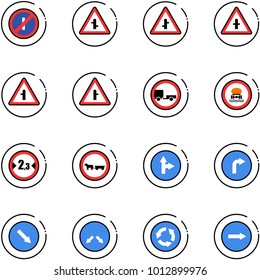 line vector icon set - no parkin odd, intersection vector road sign, trailer, dangerous cargo, limited width, cart horse, only forward right, detour, circle