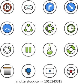 line vector icon set - no mobile sign vector, pill, only right road, detour, social, friends, time, reload, pause, round flask, circle chart, jalousie, globe, playback, soccer ball