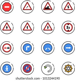 line vector icon set - no way vector road sign, turn right, steep roadside, intersection, limited height, overtake, only, detour, pedestrian, parking even, undo, hand wheel