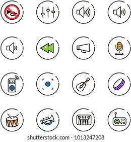 line vector icon set - no horn vector road sign, settings, volume max, medium, low, fast backward, loudspeaker, microphone, music player, record button, guitar, tambourine, drum, toy, piano, radio
