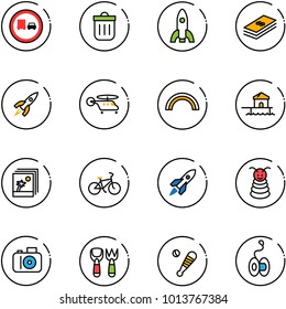 line vector icon set - no truck overtake vector road sign, trash bin, rocket, dollar, helicopter, rainbow, bungalow, document, bike, pyramid toy, camera, shovel fork, baseball bat, yoyo